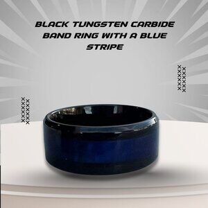 Black Tungsten Carbide Band Ring With Blue Stripe